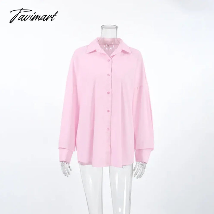 Tavimart - Cotton And Linen Solid Loose Shirts Office Lady Summer Blouse Casual Single Button Turn