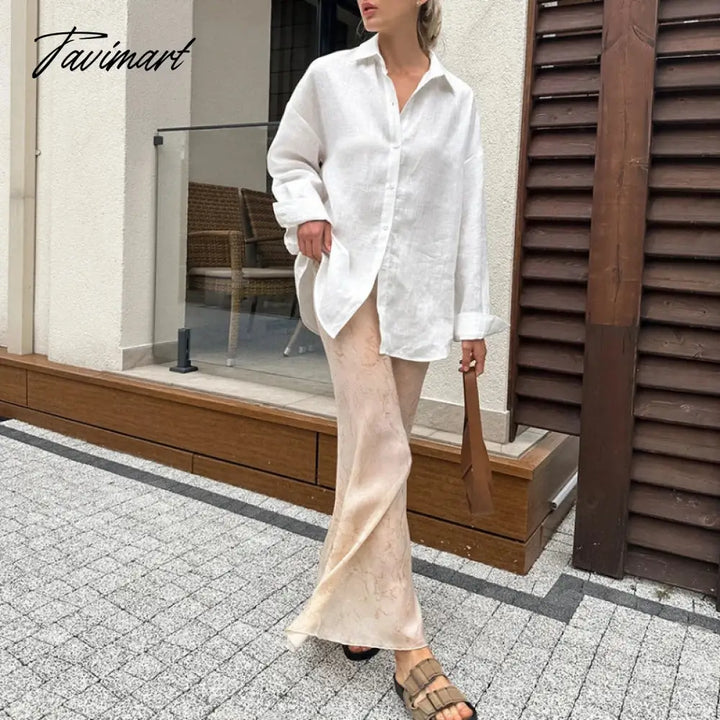 Tavimart - Cotton And Linen Solid Loose Shirts Office Lady Summer Blouse Casual Single Button Turn