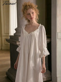 Tavimart Cotton Nightgown Women Sweet Lovely Sleepwear White Spring Autumn Leisure Fashion Original