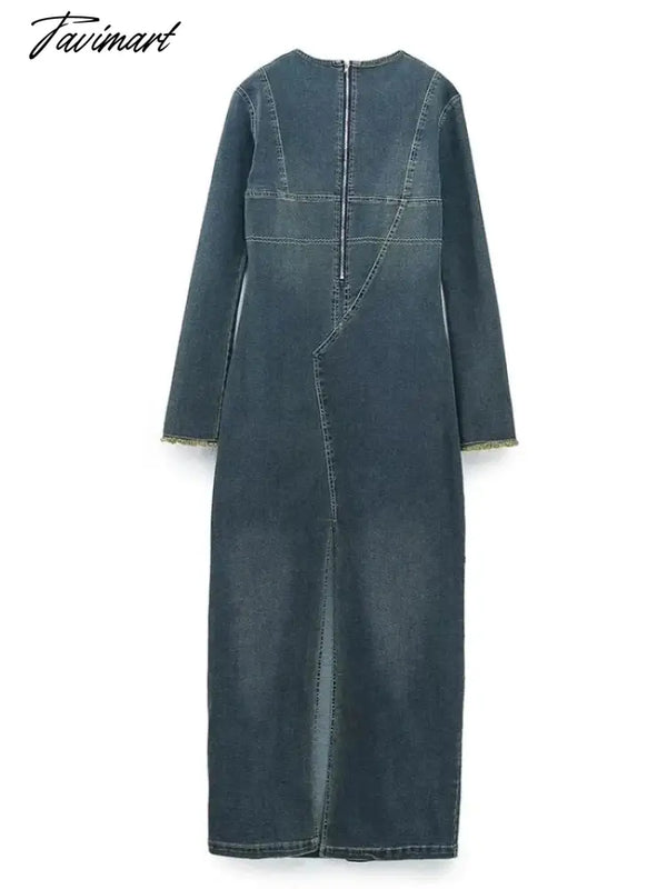 Tavimart Crew Neck Blue Straight Denim Dress For Woman Elegant Split Long Sleeve Loose Dresses