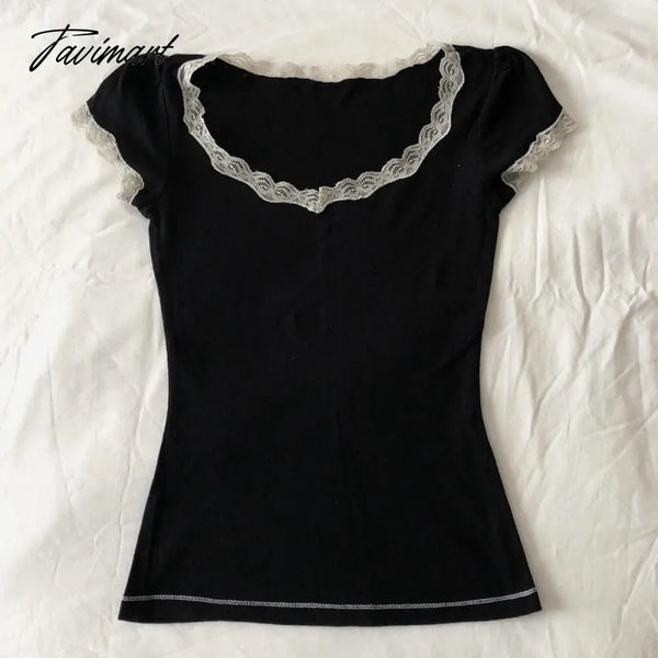 Tavimart Cute Girl Cropped Tops Vintage White Lace Trim T Shirt Summer Short Sleeve Black Milkmaid