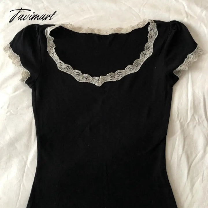 Tavimart Cute Girl Cropped Tops Vintage White Lace Trim T Shirt Summer Short Sleeve Black Milkmaid