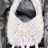 TAVIMART Cute Large Capacity Shoulder Bag White Soft Plush Bow Flower Print Handbag Daily High Quality Girl Harajuku Style Tote Bag