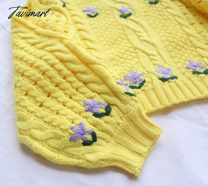 Tavimart Cute Lemon Yellow Cropped Sweaters Woman Boxy Sweater Lantern Sleeve Knitted O - Neck