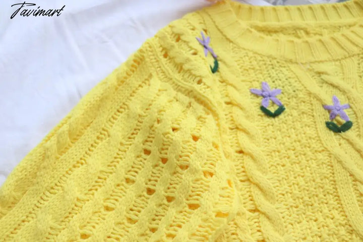Tavimart Cute Lemon Yellow Cropped Sweaters Woman Boxy Sweater Lantern Sleeve Knitted O - Neck