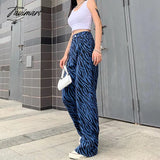 Tavimart Cyber Y2K Aesthetic Blue Tiger Pattern Baddie Wide - Leg Jeans For Women