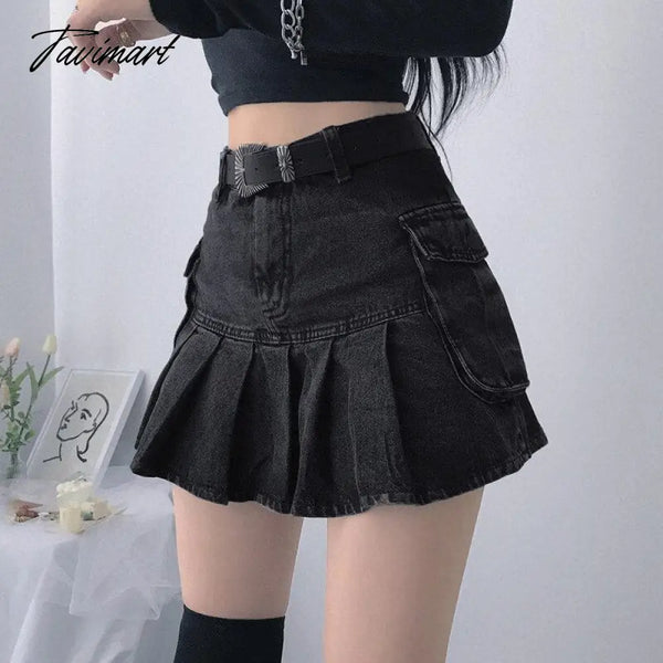 Tavimart Denim Jeans Mini Skirt Micro Gothic Y2K Pleated A Line Black Korean Style Grunge Fairy