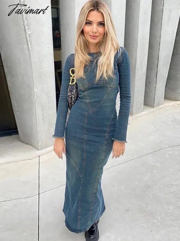 Tavimart Denim Maxi Dress Women Blue Split Long Sleeve Loose Dresses Female Fashion Round Neck