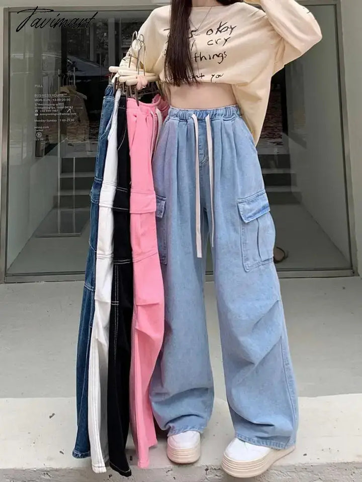 Tavimart Drawstring Bandage Pocket Jeans Pants Women Autumn Y2K Wide Leg Streetwear High Waist