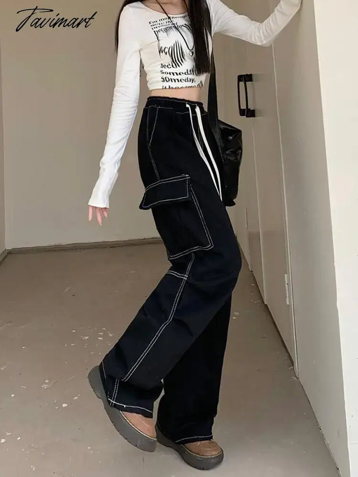 Tavimart Drawstring Bandage Pocket Jeans Pants Women Autumn Y2K Wide Leg Streetwear High Waist