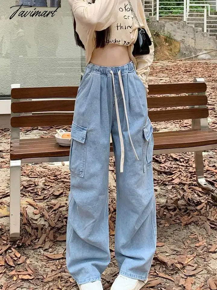 Tavimart Drawstring Bandage Pocket Jeans Pants Women Autumn Y2K Wide Leg Streetwear High Waist