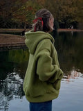Tavimart Drawstring Plush Hooded Jacket Women Casual Y2K Green Lambswool Zipper Jackets Autumn