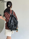 Tavimart - Drawstring Pu Leather School Women Backpack Fashion Ruched Korean Travel Commuter Retro
