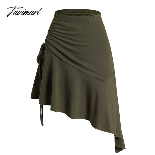 Tavimart Dressfo Plain Color Skirts Cinched Asymmetrical Hem Flounce Elastic Waist Mini Skirt