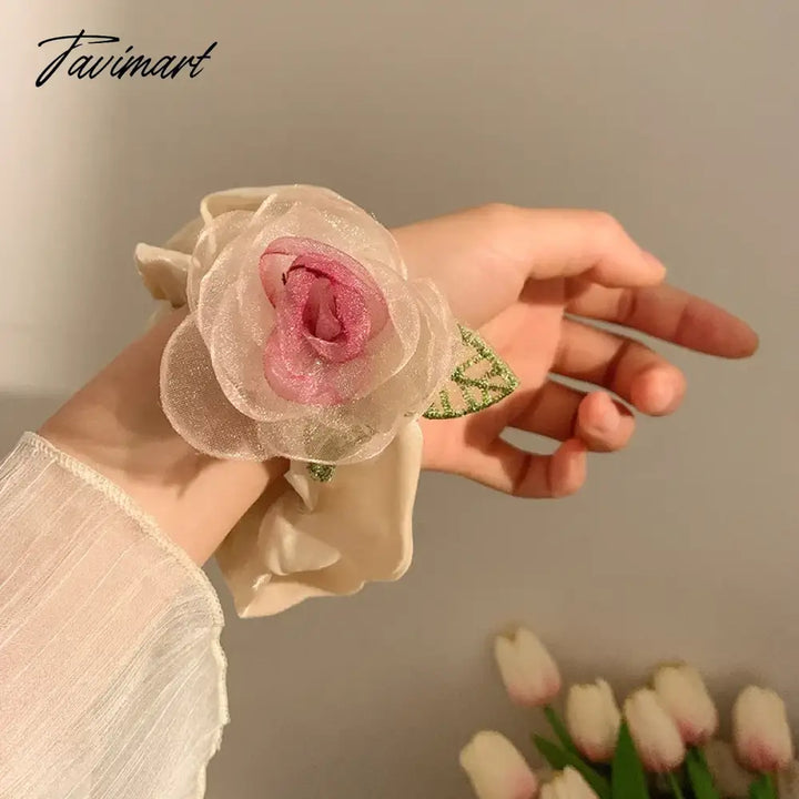 Tavimart - Dried Rose Hairpin With Pink Flower Girl’s Wristband Hair Bangs Style Use For Side