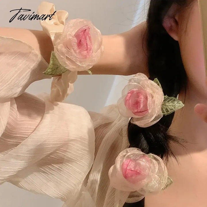 Tavimart - Dried Rose Hairpin With Pink Flower Girl’s Wristband Hair Bangs Style Use For Side