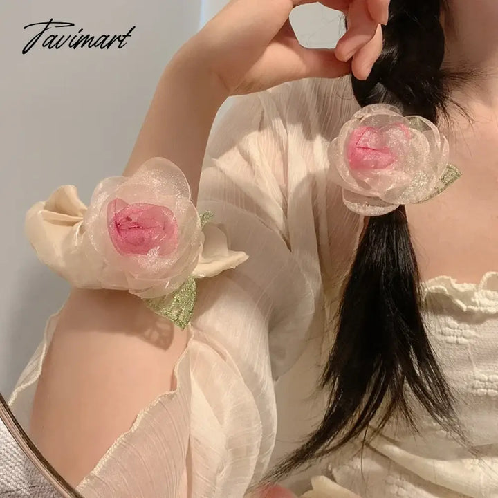 Tavimart - Dried Rose Hairpin With Pink Flower Girl’s Wristband Hair Bangs Style Use For Side