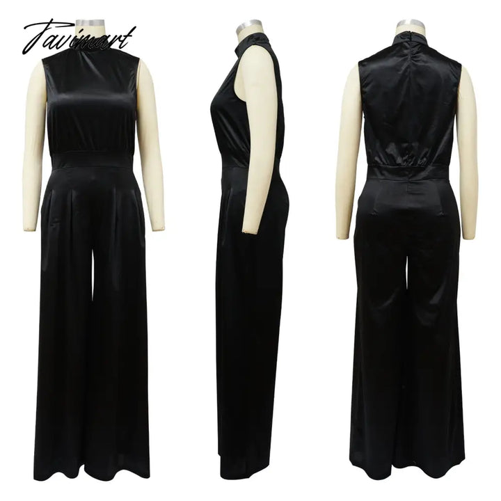 Tavimart Echoine Sleeveless Turtleneck Wide Leg Jumpsuit Slim Sexy Elegant Silk Rompers Office Ol