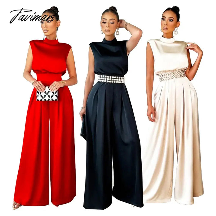 Tavimart Echoine Sleeveless Turtleneck Wide Leg Jumpsuit Slim Sexy Elegant Silk Rompers Office Ol