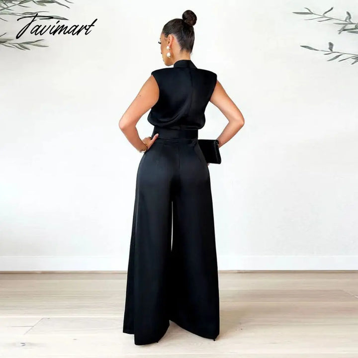 Tavimart Echoine Sleeveless Turtleneck Wide Leg Jumpsuit Slim Sexy Elegant Silk Rompers Office Ol