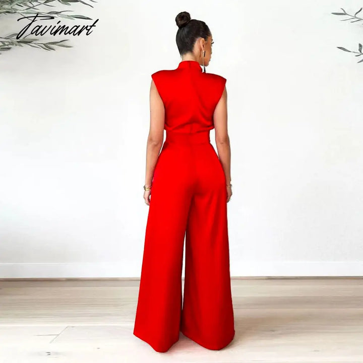 Tavimart Echoine Sleeveless Turtleneck Wide Leg Jumpsuit Slim Sexy Elegant Silk Rompers Office Ol