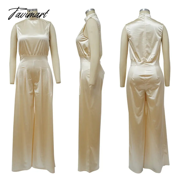 Tavimart Echoine Sleeveless Turtleneck Wide Leg Jumpsuit Slim Sexy Elegant Silk Rompers Office Ol