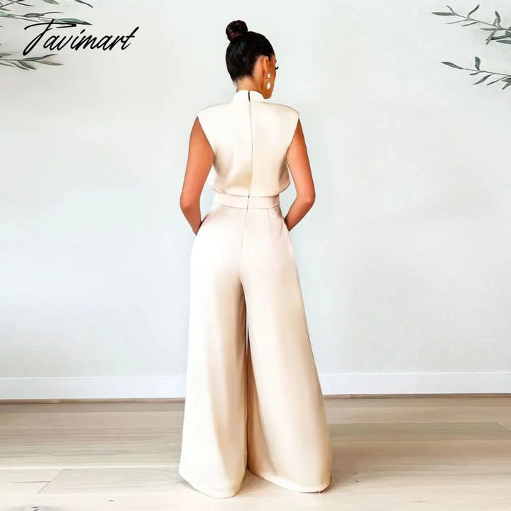 Tavimart Echoine Sleeveless Turtleneck Wide Leg Jumpsuit Slim Sexy Elegant Silk Rompers Office Ol