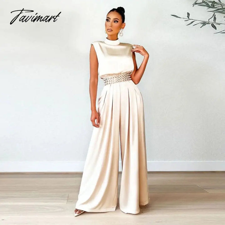 Tavimart Echoine Sleeveless Turtleneck Wide Leg Jumpsuit Slim Sexy Elegant Silk Rompers Office Ol