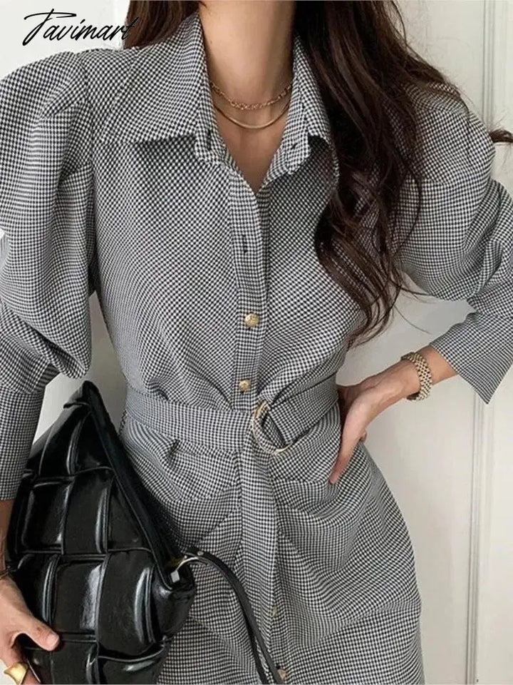 Tavimart Elegant And Chic Women Shirts Dress Spring Single Breasted Plaid Casual Vintage Party