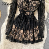 Tavimart Elegant Black Lace Dress Women Sexy Hollow Out Mini Party Square Collar Full Sleeve Slim