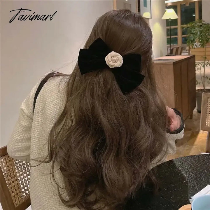 Tavimart Elegant Black Velvet Camellia Hair Clip Rhinestone Bowknot Spring Women Korean Styling