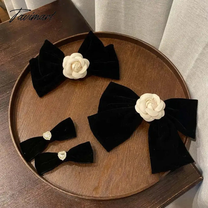 Tavimart Elegant Black Velvet Camellia Hair Clip Rhinestone Bowknot Spring Women Korean Styling