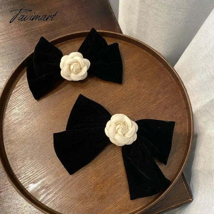 Tavimart Elegant Black Velvet Camellia Hair Clip Rhinestone Bowknot Spring Women Korean Styling