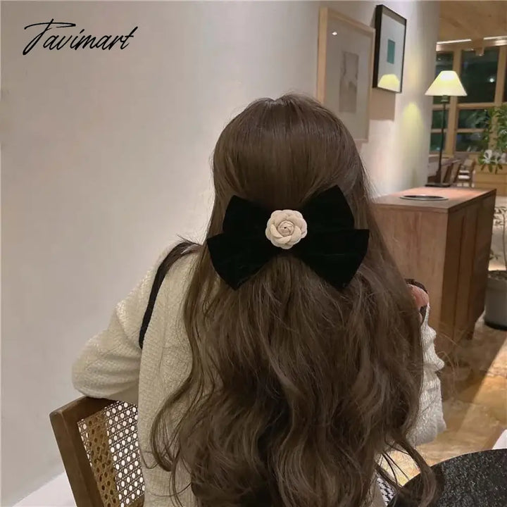 Tavimart Elegant Black Velvet Camellia Hair Clip Rhinestone Bowknot Spring Women Korean Styling