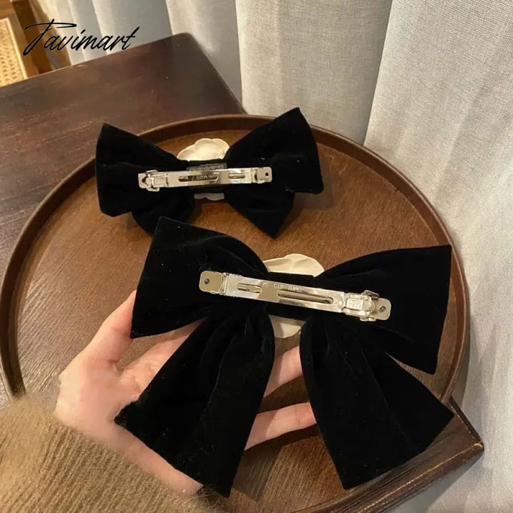 Tavimart Elegant Black Velvet Camellia Hair Clip Rhinestone Bowknot Spring Women Korean Styling