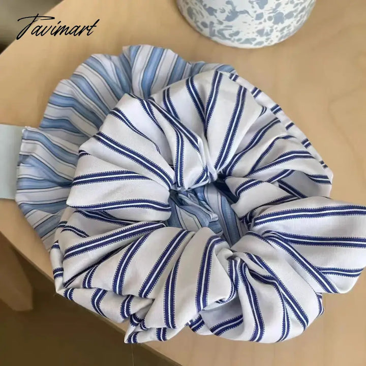Tavimart Elegant Blue Striped Cotton Elastic Sweet Hair Scrunchies Grip For Women Girl Korean