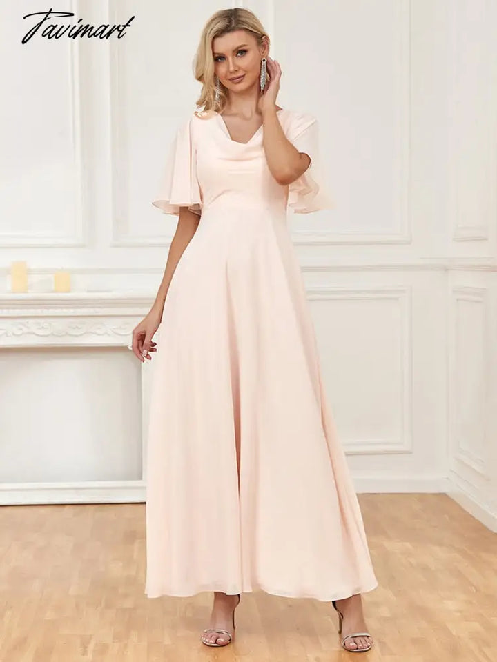 Tavimart Elegant Chiffon Short Sleeve Evening Dress Women Pink Wedding Ball Prom Gown Formal A -