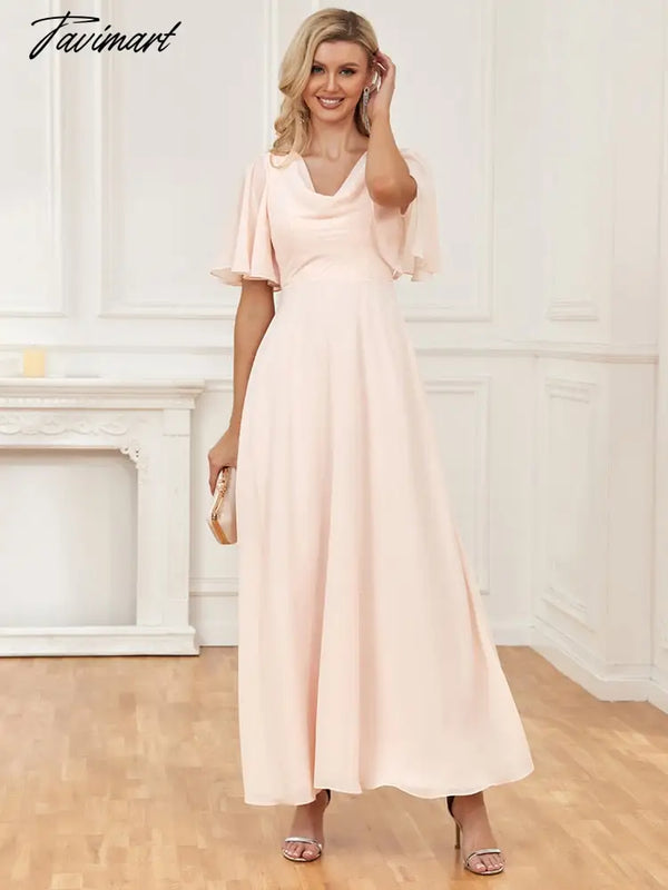 Tavimart Elegant Chiffon Short Sleeve Evening Dress Women Pink Wedding Ball Prom Gown Formal A -