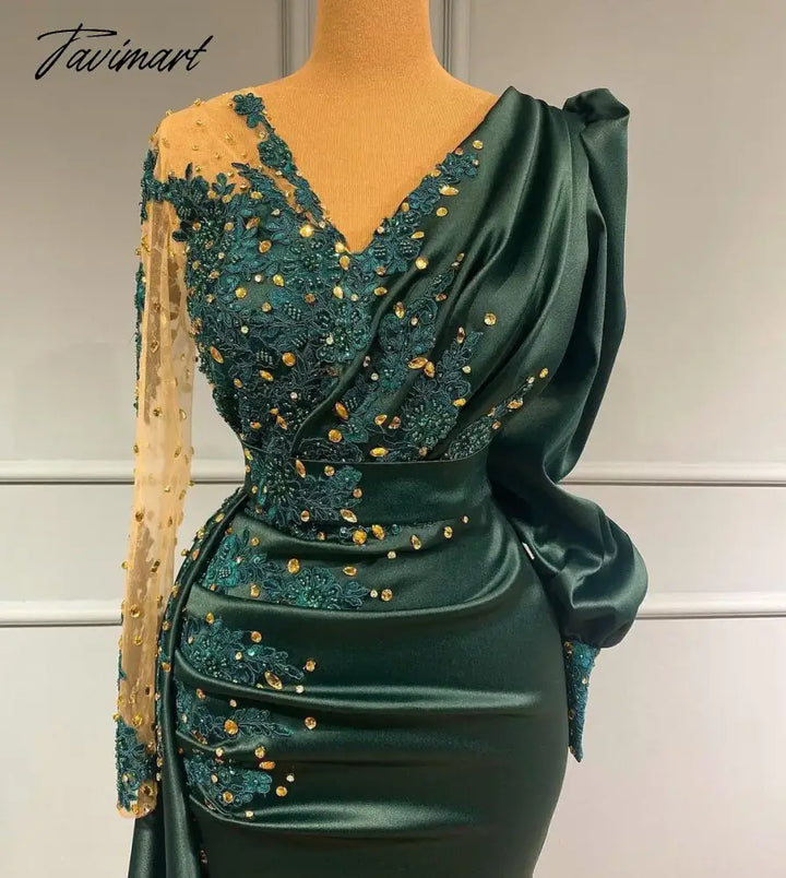 Tavimart - Elegant Dark Green Mermaid Evening Dresses V Neck Long Sleeves Ruched Lace Applique