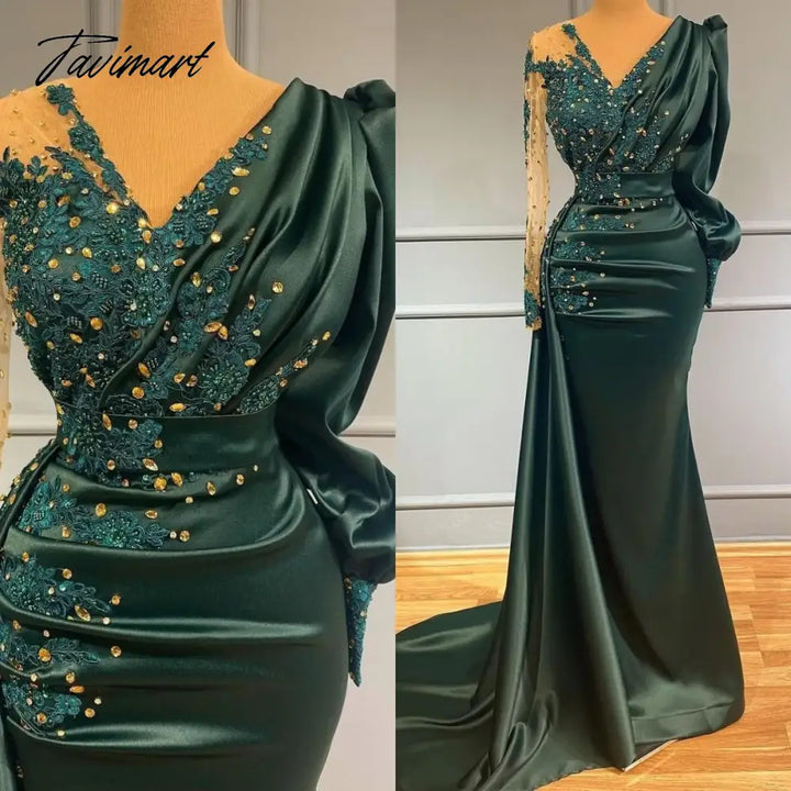 Tavimart - Elegant Dark Green Mermaid Evening Dresses V Neck Long Sleeves Ruched Lace Applique