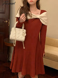 Tavimart Elegant Dress for Women Long Sleeve Streetwear French Style Dresses Solid Bow Vintage Mini Slim New Autumn Winter Dress