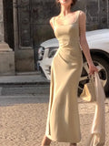 Tavimart Elegant Dress For Women Sleeveless Streetwear Split Office Lady Solid Sheath Spaghetti