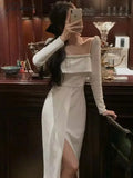 Tavimart Elegant Dresses For Women Long Sleeve French Style Split Dress Slim Fairycore Solid Square