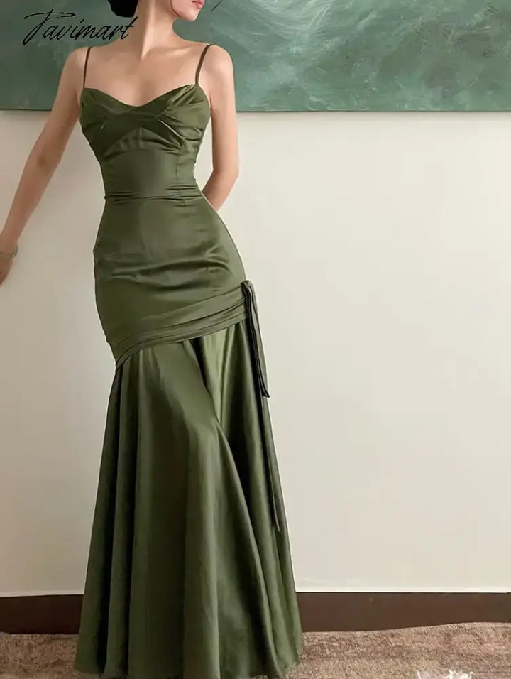 Tavimart - Elegant Emerald Green Irregular Patchwork Evening Party Dress High Waist Spaghetti Strap