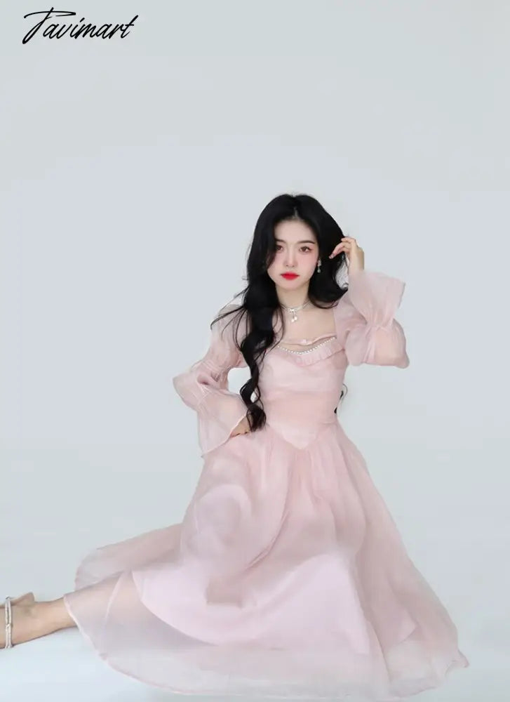 Tavimart Blue Elegant Evening Party Midi Dress Women Lace Casual Retro Korean Style Dress Female Bubble Sleeve French Vintage Dress
