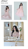 Tavimart Elegant Evening Party Midi Dress Women Bubble Sleeve French Vintage Sweet Female Pink