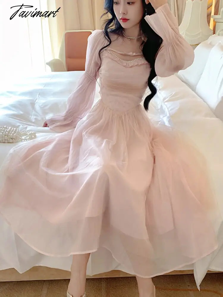TAVIMART  -  Irregular Korean Puff Sleeve Floral Dress Women Autumn Sweet Design Elegant Fairy Party Dress Female Vintage Casual Midi Dresses main image 1