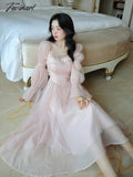 Tavimart Elegant Evening Party Midi Dress Women Bubble Sleeve French Vintage Sweet Female Pink