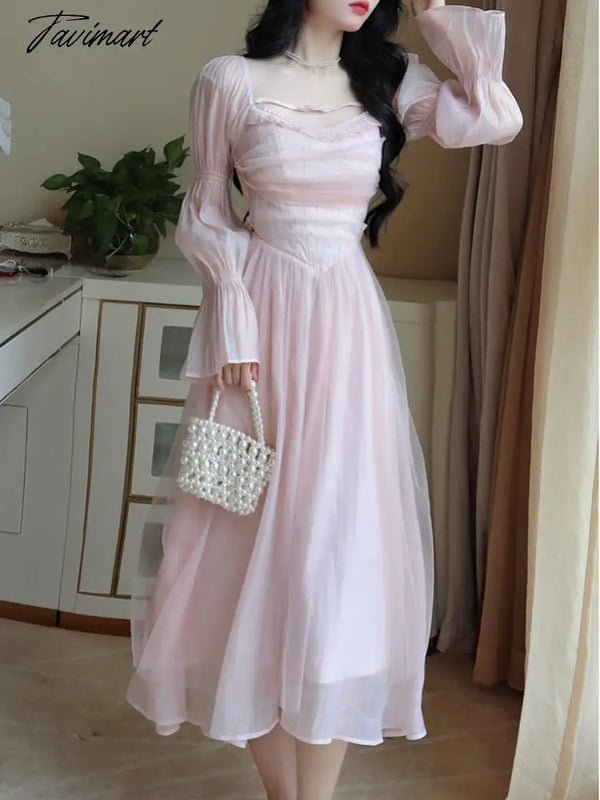 Tavimart Elegant Evening Party Midi Dress Women Bubble Sleeve French Vintage Sweet Female Pink