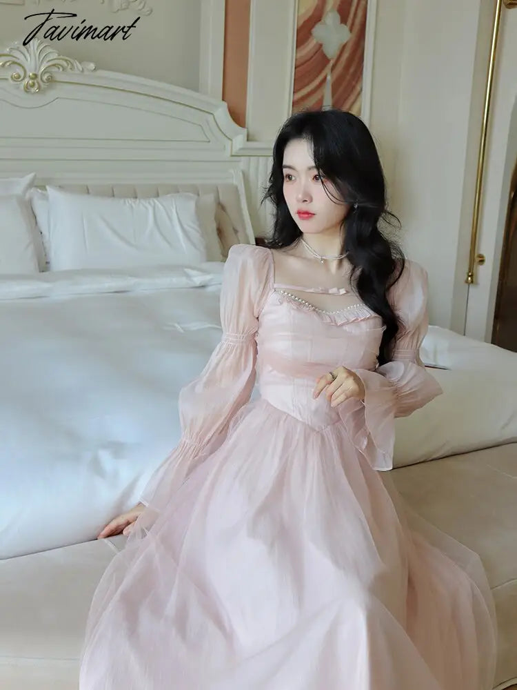 Tavimart Elegant Evening Party Midi Dress Women Bubble Sleeve French Vintage Sweet Dress Female Pink Korean Style Fairy Dress Autumn